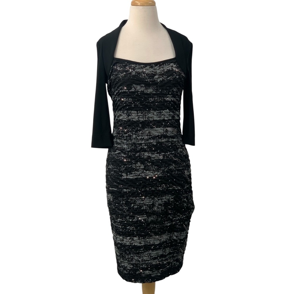 Joseph Ribkoff Womens 3/4 Sleeve Black/Gray Ruched Sequin Dress Party Cocktail 8